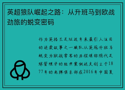 英超狼队崛起之路：从升班马到欧战劲旅的蜕变密码